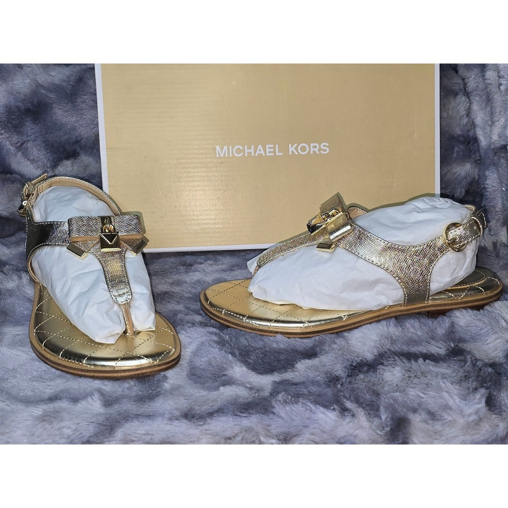 NWB Michael Kors Alice Thong Metallic Gold Leather Sandals Women's 5 - Picture 1 of 8